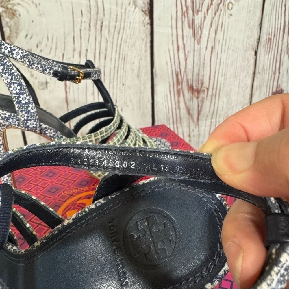 Tory Burch Charlene 100mm Women's Blue Printed linen Sandals size 7.5 NIB